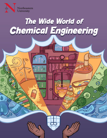 The Wide World of Chemical Engineering comic book style graphic with a colorful fan showing industrial processes, dna, and other science graphics