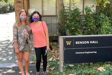 Elizabeth Nance and Sydney Floryanzia outside Banson Hall