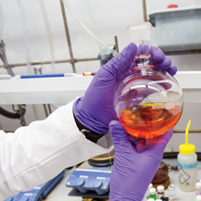 holding a beaker of orange liquid in the lab