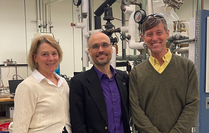 Liz Wilder, David Beck and Warren Wilder stand in front of equipment in the Unit Operations Lab.