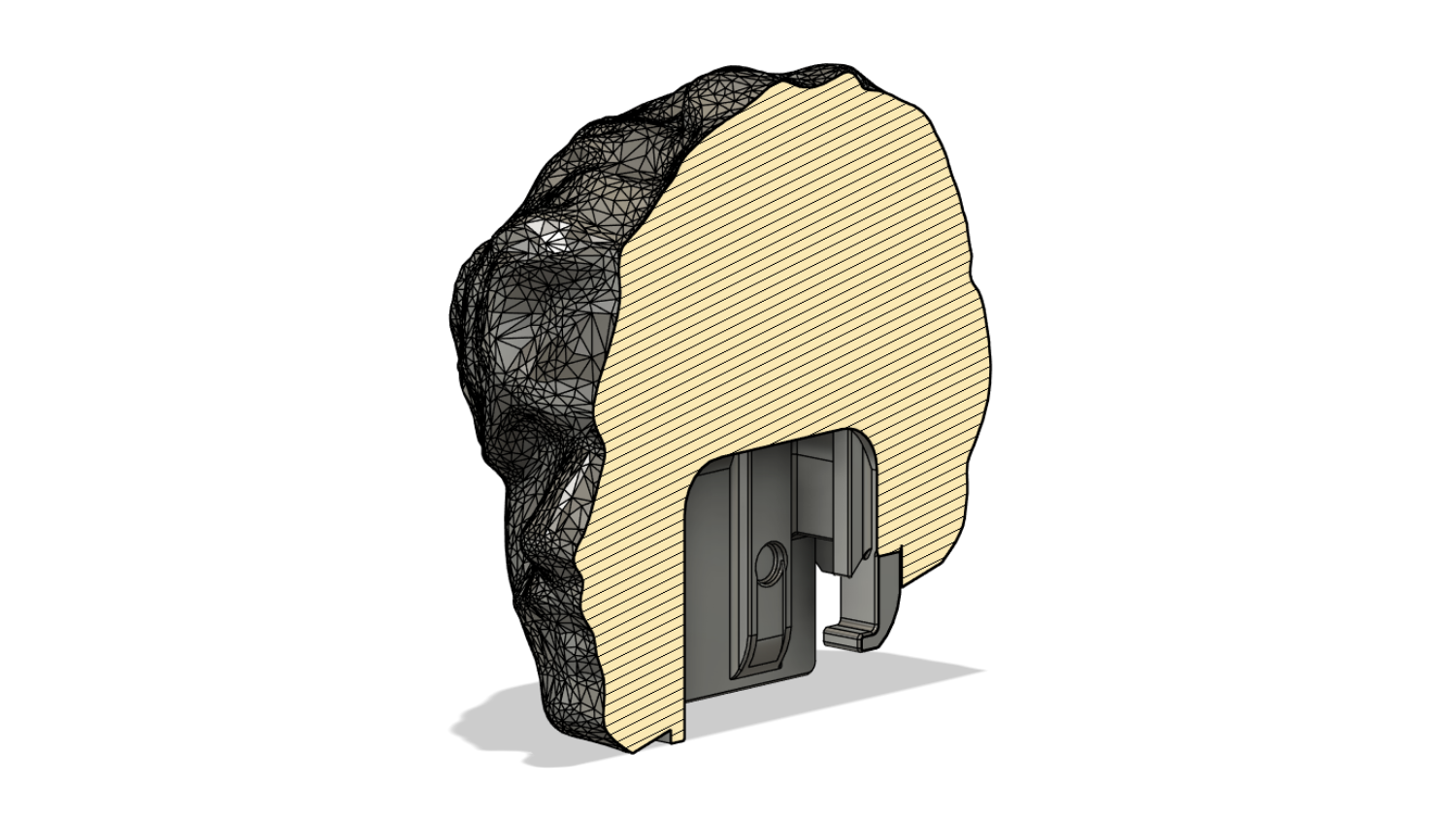 The model of the PEZ head as though it has been cut down the middle, so you can see the notch where the dispenser is inserted.