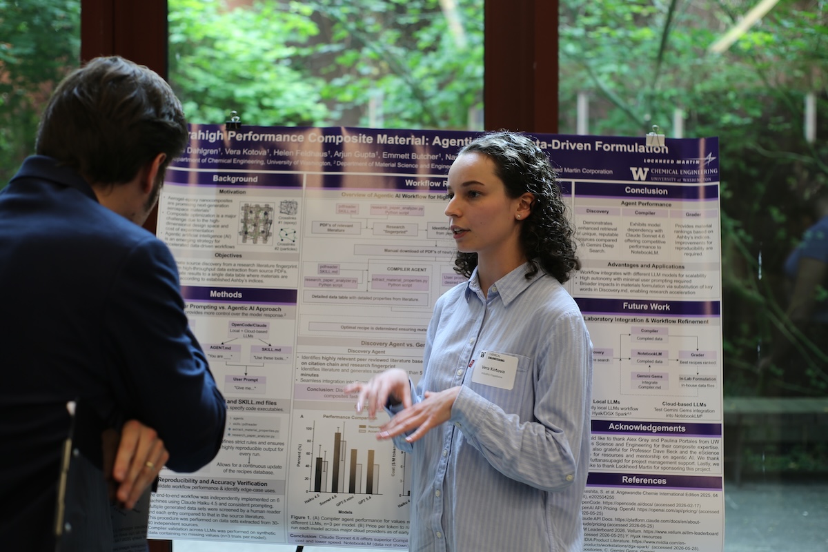 A student stands in front of their poster and explains their research to a guest.