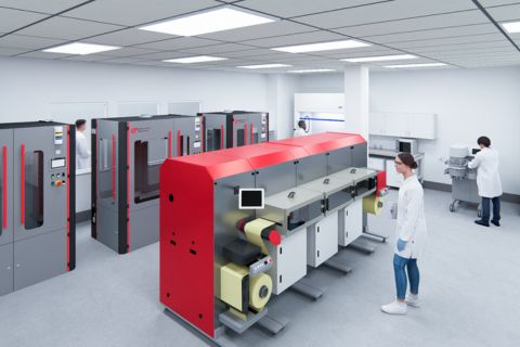 Rendering of researchers standing around new battery equipment at the Clean Energy Institute