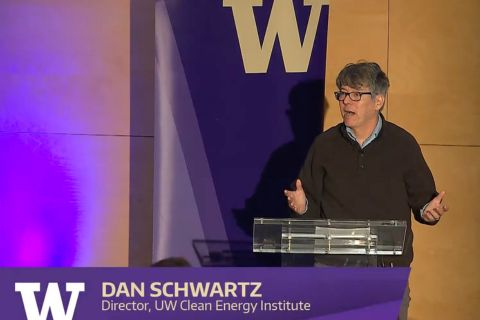 Dan Schwartz standing at a podium speaking during the 2025 Provost's Town Hall