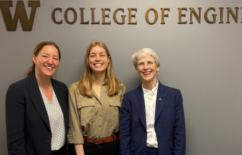 Elizabeth Nance, Sofia Dahlgren and Nancy Allbritton stand in front of a wall that says "College of Engineering." 