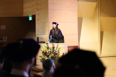 Ruby Jin gives the graduate student address at graduation. 