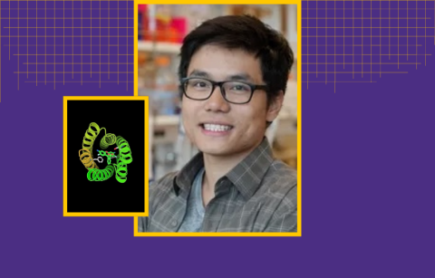 Long Tran's headshot alongside a scientific illustration of NovoTags. 